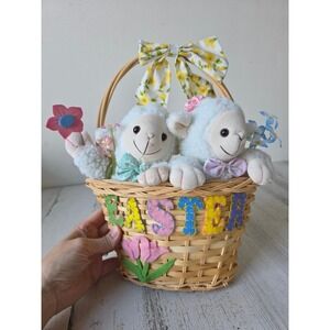vintage prima lamb hanging Easter basket wicker flowers spring decor shabby